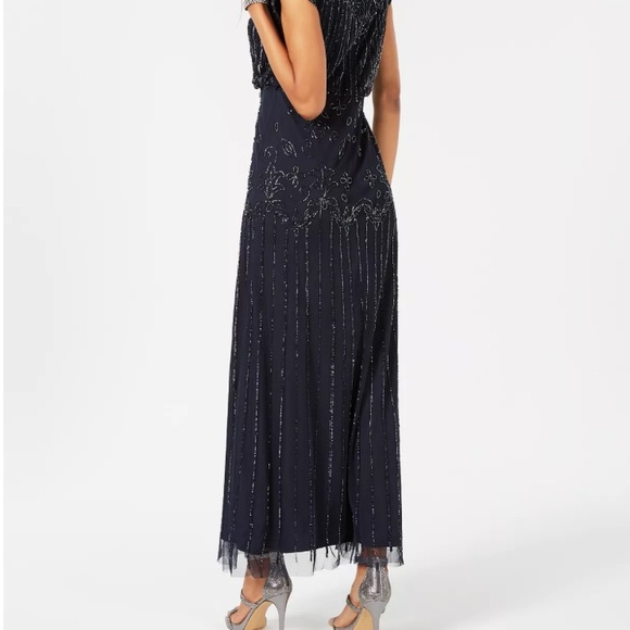 Adrianna Papell Navy Beaded Short-Sleeve Overlay Gown - size 0P - Picture 4 of 9